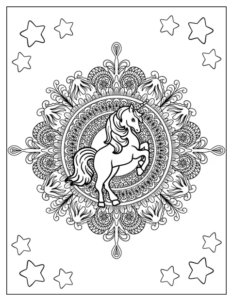 Un unicornio ocupa el centro de un mandala rodeado de flores detalladas.