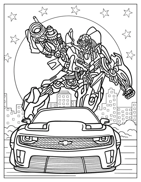 Bumblebee dispara un rayo láser detrás de un Chevrolet Camaro.