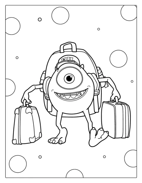 Mike Wazowski lähtee matkalaukku mukanaan kohti yliopistoa.
