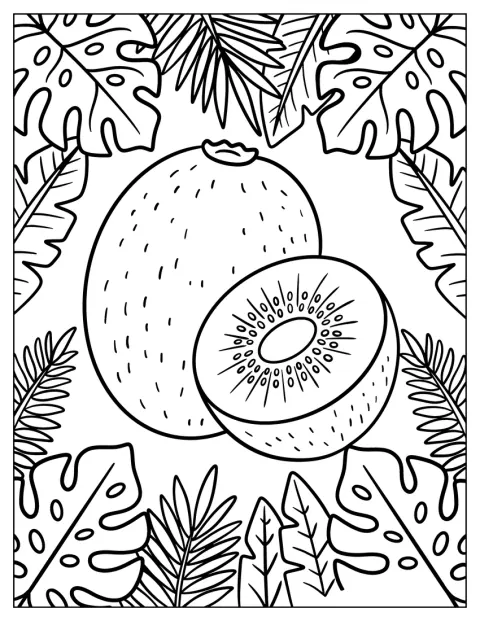 Kokonainen kiivi ja puolikas hedelmä lepäävät lehtien keskellä.