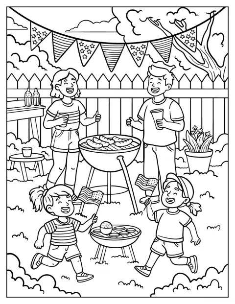 Une famille souriante prépare des hot-dogs grillés pour le 4 juillet.