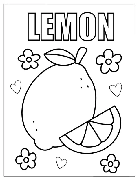 Un limone è circondato da cuori e fiori in stile flashcard.
