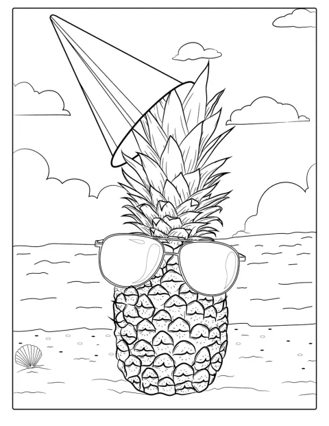 Ananas v slunečních brýlích odpočívá na pláži.