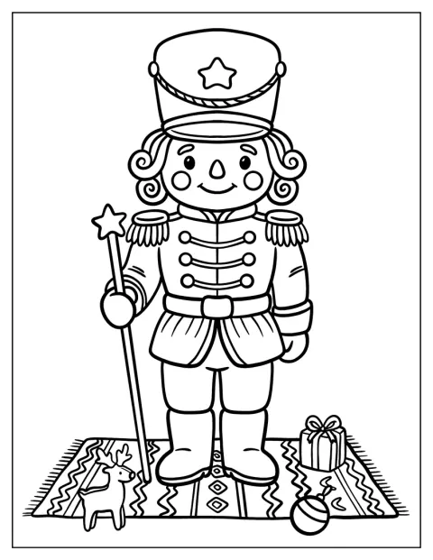 Pähkinänsärkijäsotilas pitelee tähtisauvaa joululahjojen vieressä.