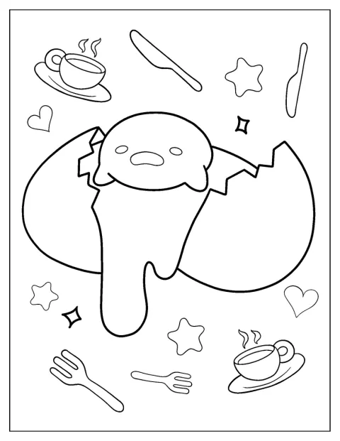 割れた卵から、ぐでたまがのんびりと出てきています。