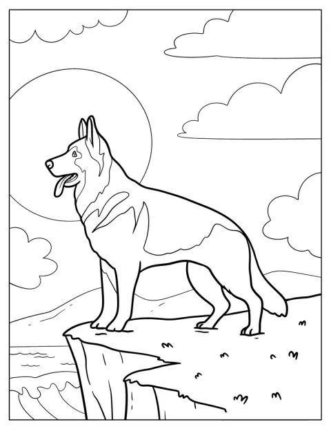 Easy German Shepherd Coloring Page Standing on a Cliff with a Full Moon for Kids