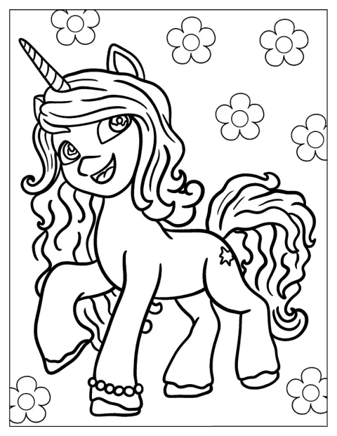 Jednorożka Izzy Moonbow z My Little Pony uśmiecha się radośnie.