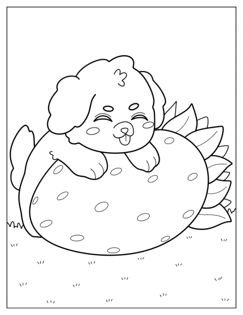 Um cão em estilo chibi está sentado em cima de um morango.
