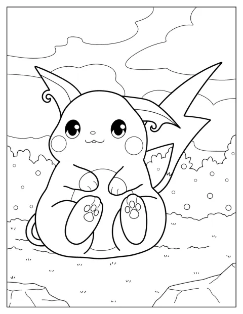 Raichu istuu rauhallisesti puutarhassa.