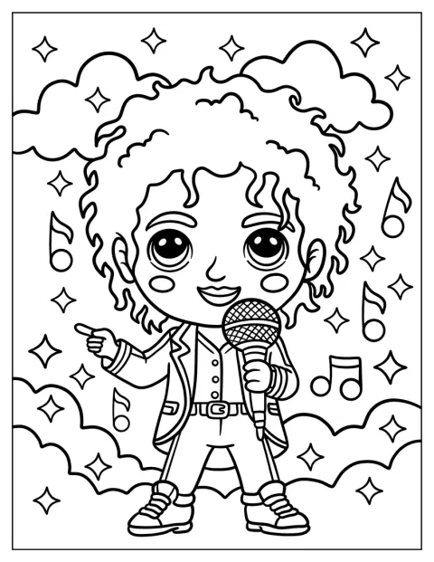 Una pequeña figura de Michael Jackson canta rodeada de notas musicales y nubes.