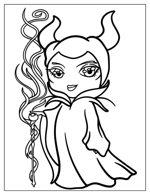 Maleficent verschijnt als klein chibi-figuurtje met opvallende hoorns.