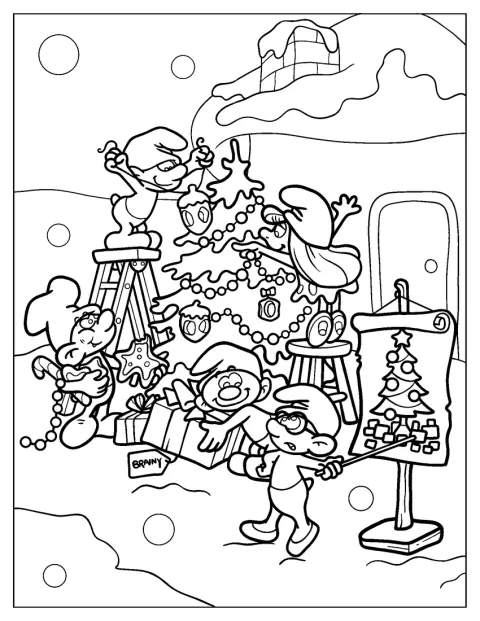 スマーフたちがクリスマスツリーに飾りを付けています。
