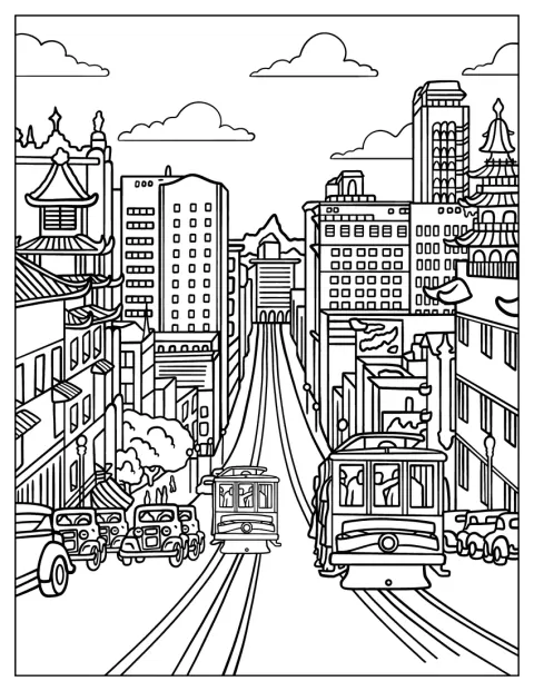 Ein nostalgisches Stadtbild zeigt die Straßen und Gebäude San Franciscos.