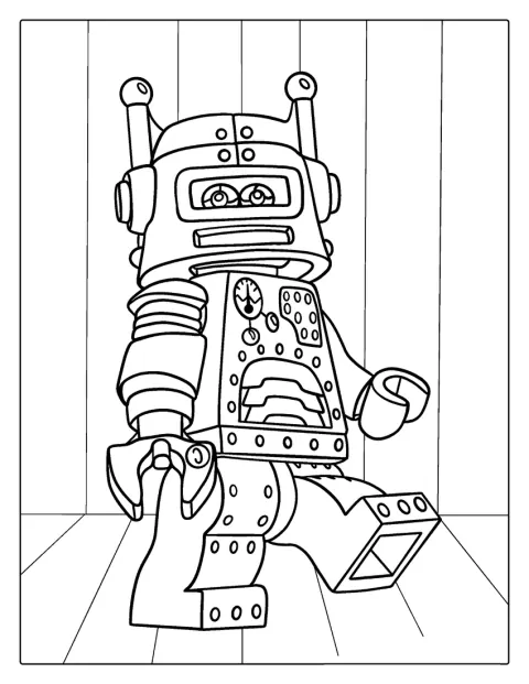 En robot byggd av klassiska Lego-bitar står rakt fram.