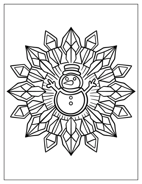 En snemand er omgivet af et stort snefnug i denne julemandala.