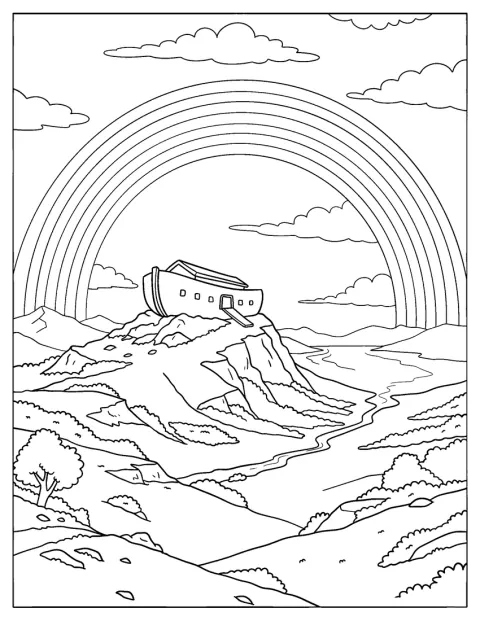 ノアの方舟の上に、空いっぱいの虹がかかっています。