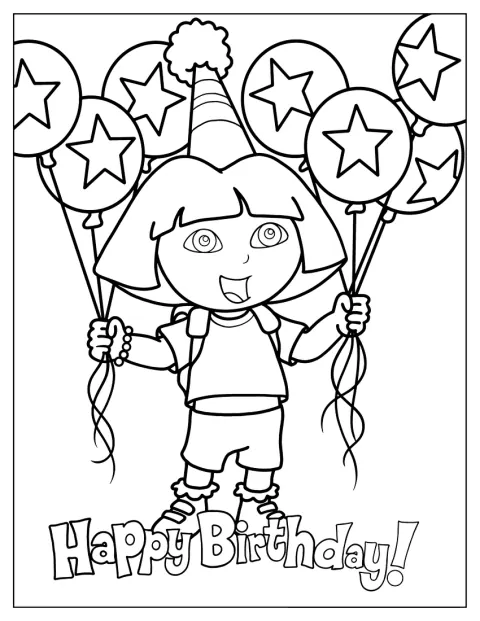 Dora sostiene varios globos para celebrar un cumpleaños.