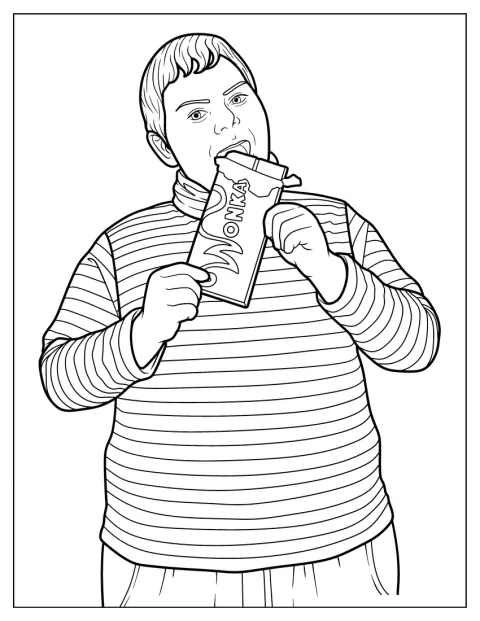Augustus Gloop eet chocolade.