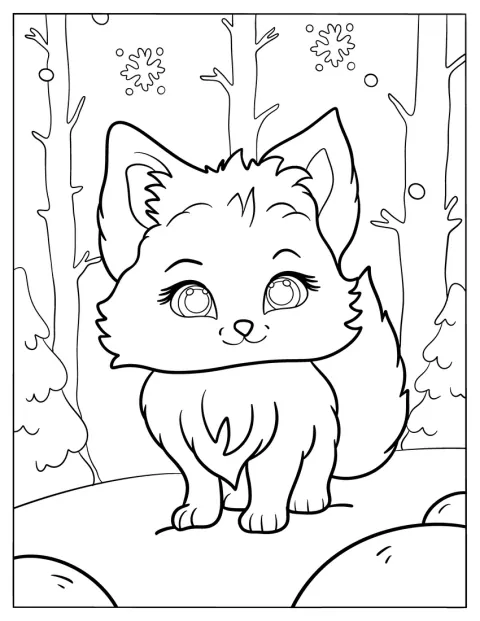 Un lobo ártico de estilo chibi está entre los árboles.