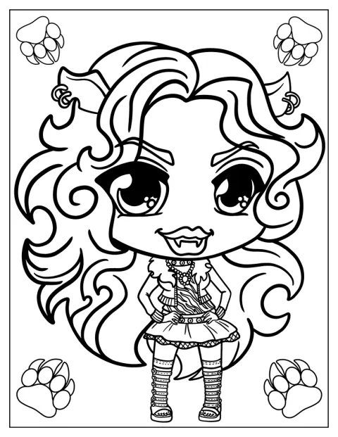 Clawdeen Wolf aparece con un estilo chibi y una expresión simpática.