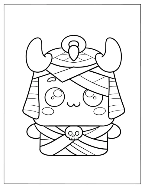 Malá chibi mumie stojí zabalená v egyptských obvazech.