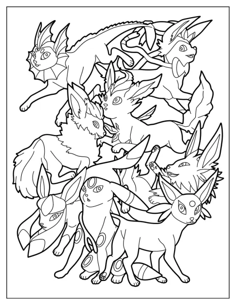 Noctali pose avec les autres évolutions d’Évoli.