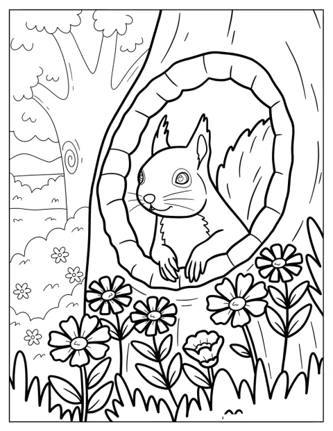 O veveriță își scoate capul dintr-o scorbură, într-o grădină plină de flori.