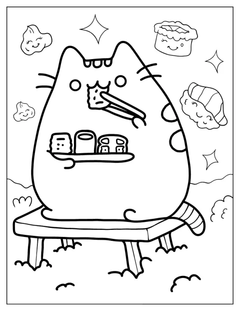Pusheen disfruta de varias piezas de sushi.