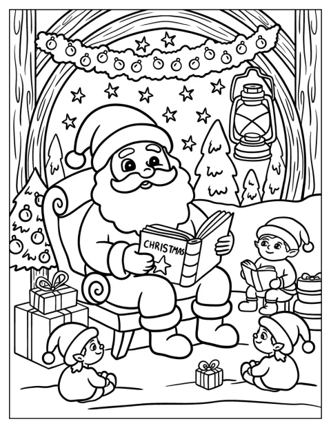 Santa Coloring Page of Claus Reading Christmas Story to Elves in Cozy Cabin