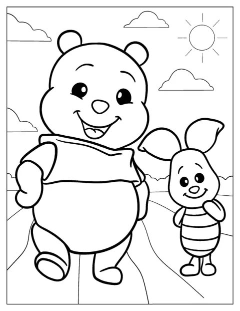 子ブタとくまのプーさんが一緒に並んでいます。