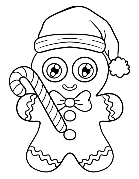 Con gorro de Papá Noel, un muñeco de jengibre sujeta un bastón de caramelo.