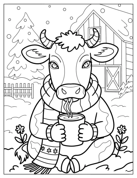 Una vaca disfruta de una taza de chocolate caliente en una granja nevada.