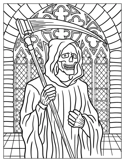 Diante de um vitral ornamentado, o Ceifador segura uma foice.