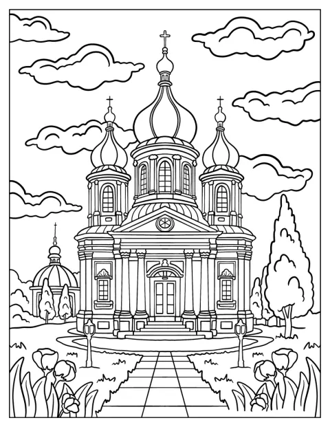 Ein Gartenweg führt zu einer kunstvoll verzierten orthodoxen Kirche mit Zwiebeltürmen.