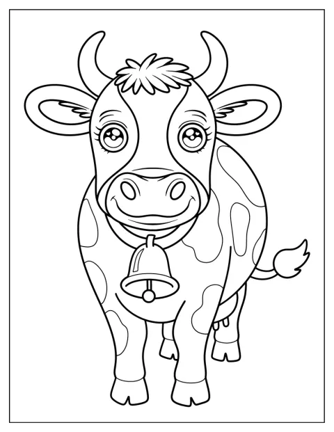 Uma vaca sorridente está de pé com um sino preso ao pescoço.