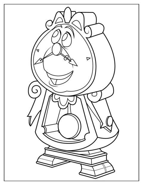 Cogsworth, ceasul-personaj, apare cu fața și brațele sale.