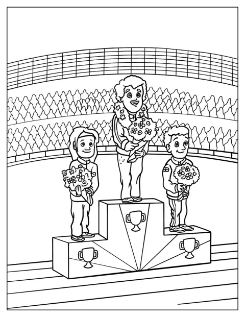 Des athlètes portant leurs médailles posent sur le podium avec des bouquets de fleurs.