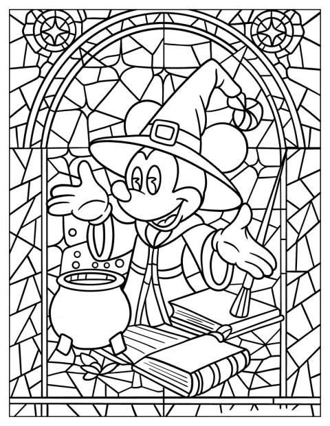 Mickey Mouse is afgebeeld in een patroon dat op glas-in-lood lijkt.
