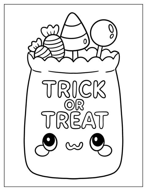 ハロウィーンのお菓子が入ったバッグが描かれています。