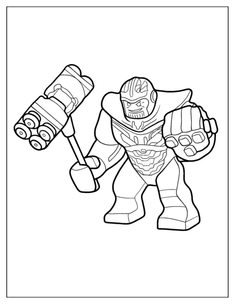 Thanos drží kladivo a na ruce má Rukavici nekonečna.