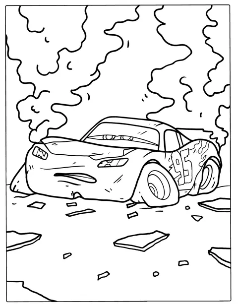 Efter en krasch står Blixten McQueen skadad vid sidan av banan.