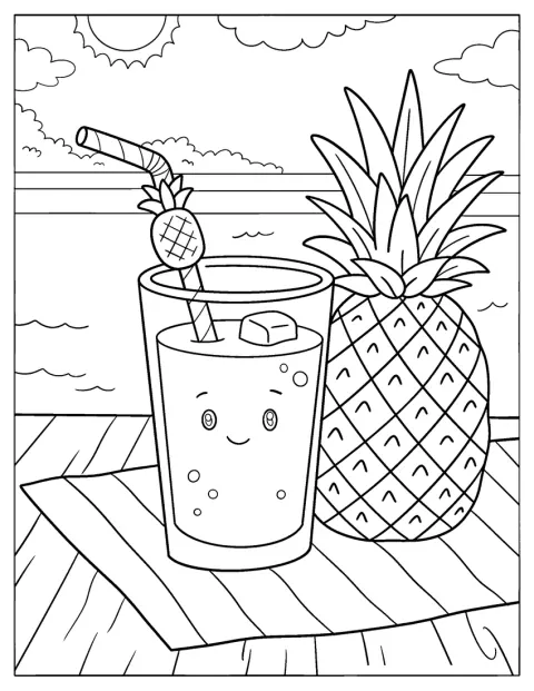 En ananasdrink med fersk ananas står ved bassenget.
