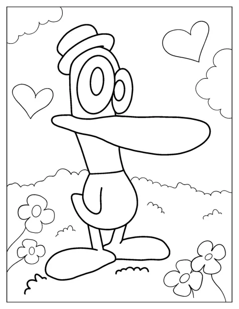 Pato, el pájaro amarillo, aparece de pie con su característica expresión.