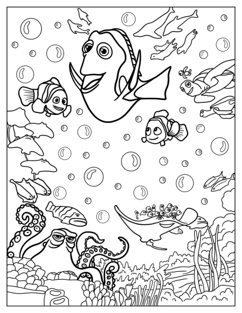 Dory y otros personajes marinos aparecen juntos en un póster.