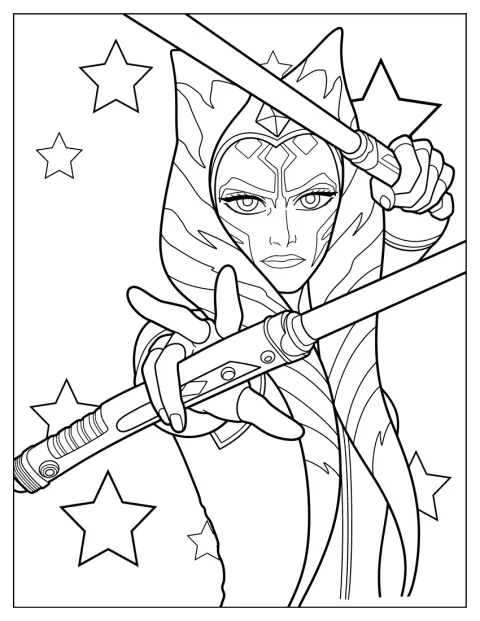 Ahsoka Tano står i en detaljerad stridsställning.