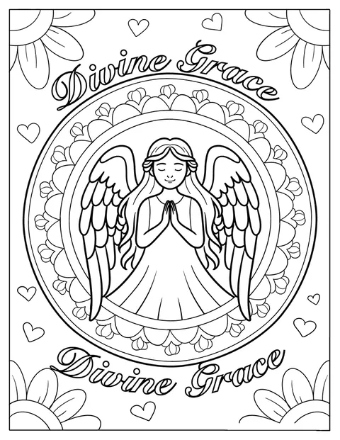 Un ange aux ailes déployées est encadré par un mandala de fleurs.