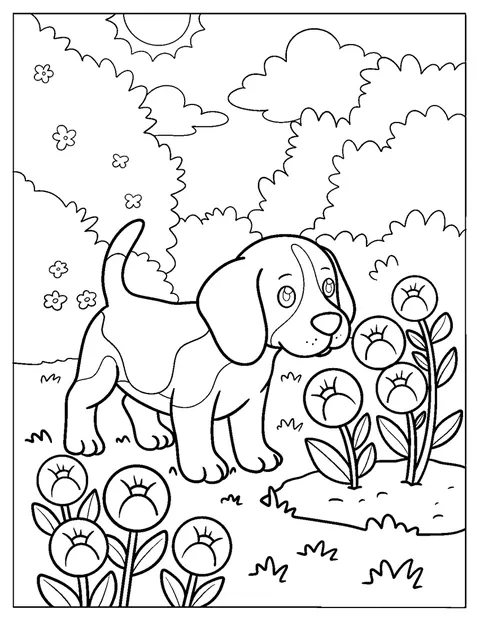 Im Hinterhof schnuppert ein Beagle-Welpe an den Blumen.
