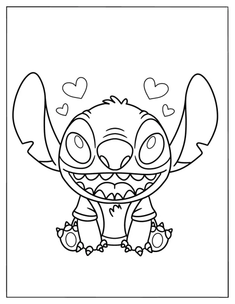 Stitch zâmbește înconjurat de inimioare.