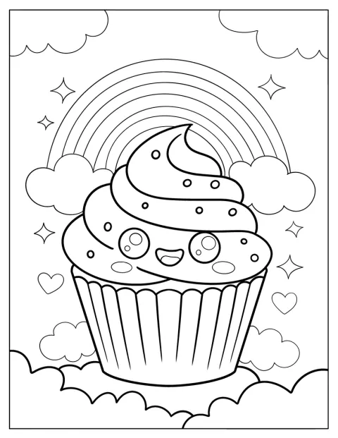 En magisk cupcake svävar bland moln, en regnbåge och glittrande stjärnor.