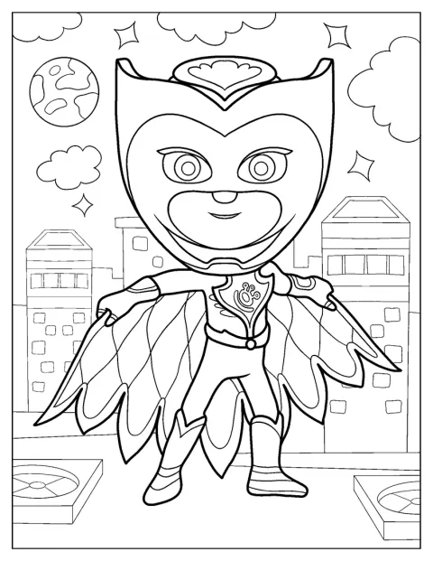 Owlette fluttua nello spazio e tiene il mantello con una mano.